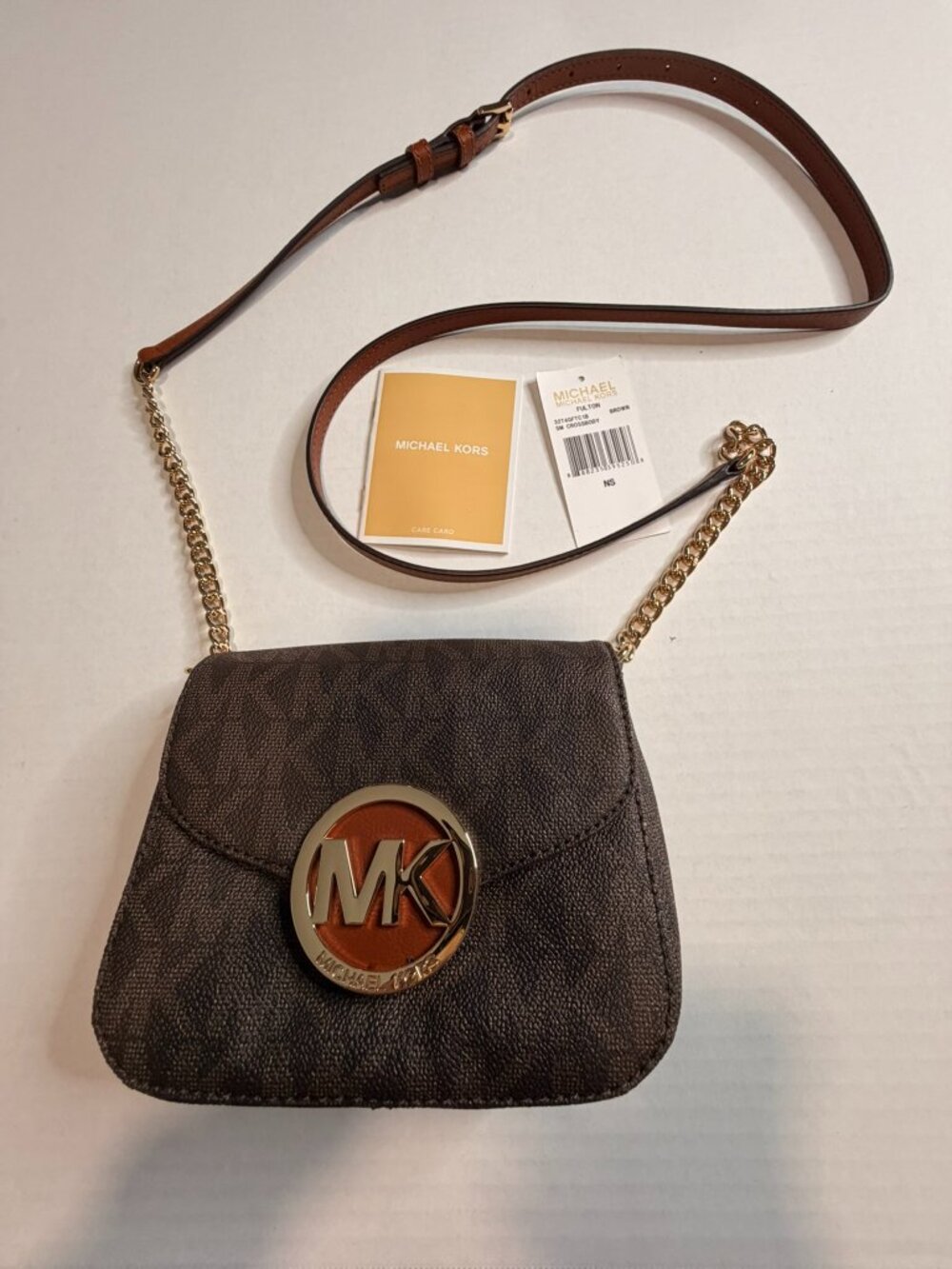 NWT Michael Kors Fulton Small Crossbody Brown MK Signature Logo Gold Hardware